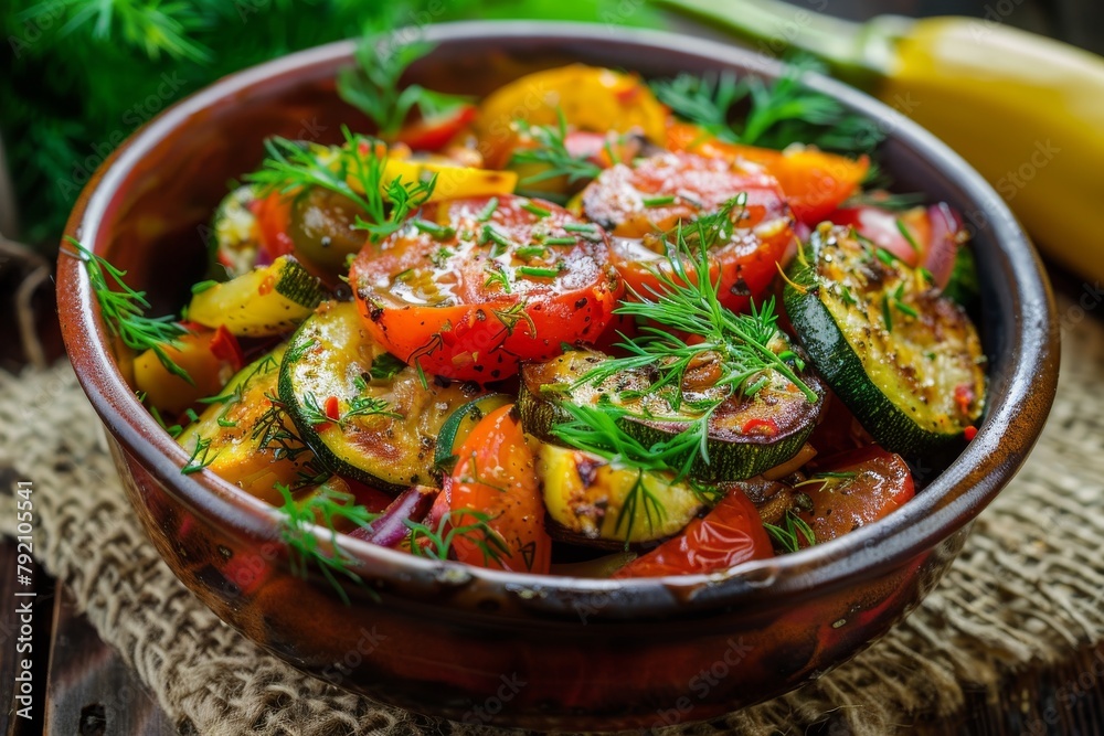 Vegetarian Salad with Baked Vegetables Close Up on Rustic Style Hay Background Vegetarian Salad with Baked Vegetables Close Up on Rustic Style Hay Background