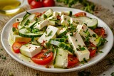 Vegetable Salad, Vegetarian Salat with Smoked Cheese, Sliced Cucumbers, Tomatoes and Greens