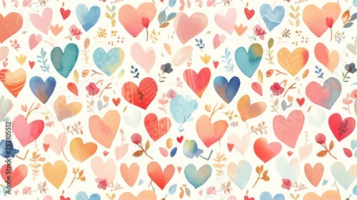 A charming Valentine s Day pattern featuring hand drawn watercolor multicolored hearts set against a crisp white backdrop Perfect for adding a touch of love to textures backgrounds or wallp