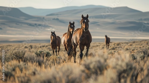 Small band of wild horses approaches with curiosity in the high desert West on public lands in Wyoming, USA Wyoming, United States of America

 photo