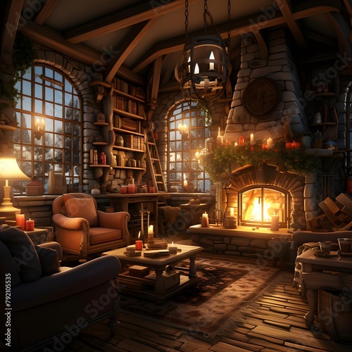 3D rendering of a fantasy house with fireplace and lighting effect.