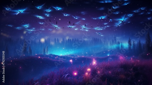 Magical firefly field at night. Lightning bugs in an enchanted landscape. Abstract glowing wallpaper background.