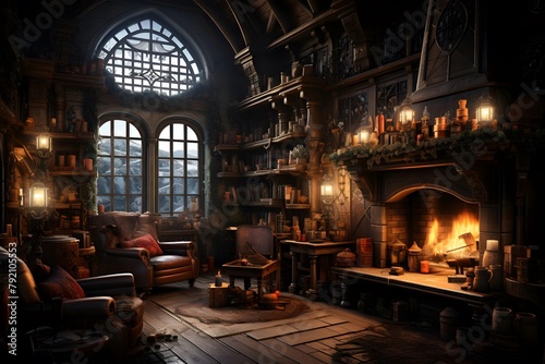 3D rendering of the interior of a cozy house with a fireplace