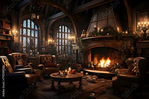 3d render of an old house with a fireplace and christmas decorations