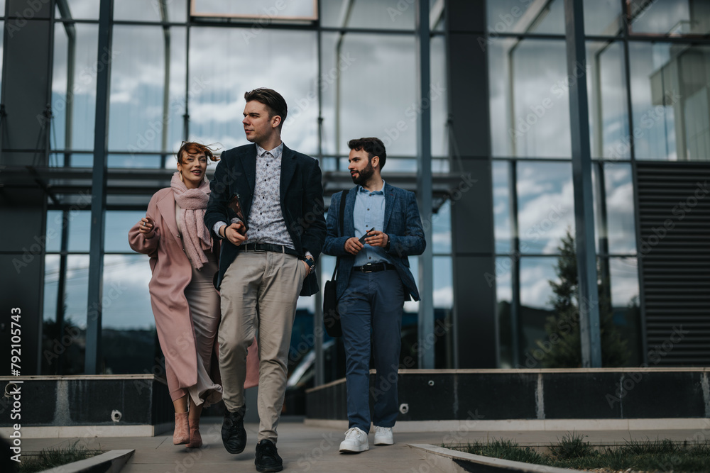 Three young entrepreneurs engage in a strategic conversation while walking together outside modern office premises, embodying teamwork and partnership. Three young entrepreneurs engage in a strategic conversation while walking together outside modern office premises, embodying teamwork and partnership.