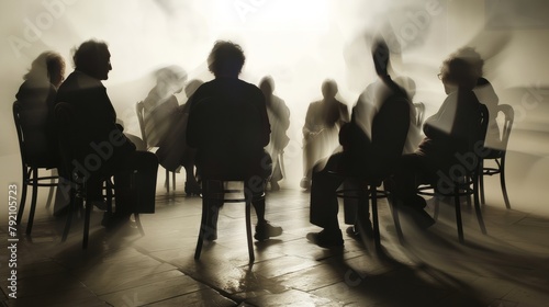 a long exposure photograph of Elderly people sit on chairs in a circle and talk. Alcoholics Anonymous meeting, motion blur
