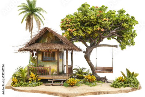 Quaint beach bungalow with a charming garden and a wooden swing hanging from a tree, isolated on solid white background.