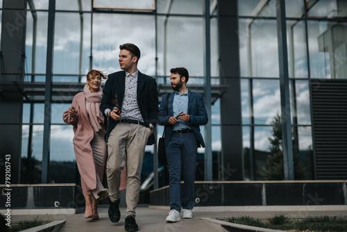 Three young entrepreneurs engage in a strategic conversation while walking together outside modern office premises  embodying teamwork and partnership.