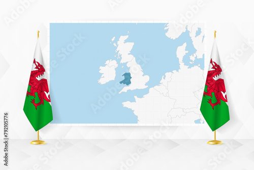 Map of Wales and flags of Wales on flag stand.