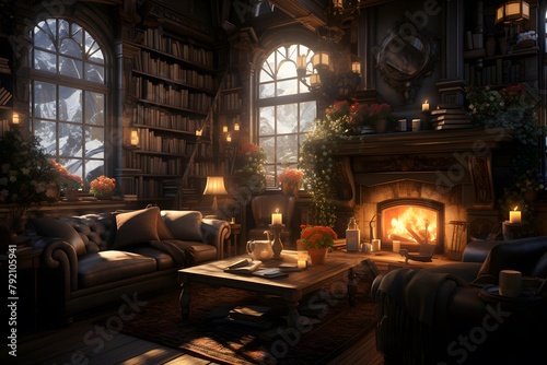 Interior of a cozy living room with a fireplace. 3D rendering © Iman