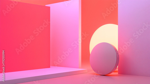 Geometric 3d shapes,  abstract design, futuristic, round and square shapes, pink room with glowing yellow light, environments trends, 3d render