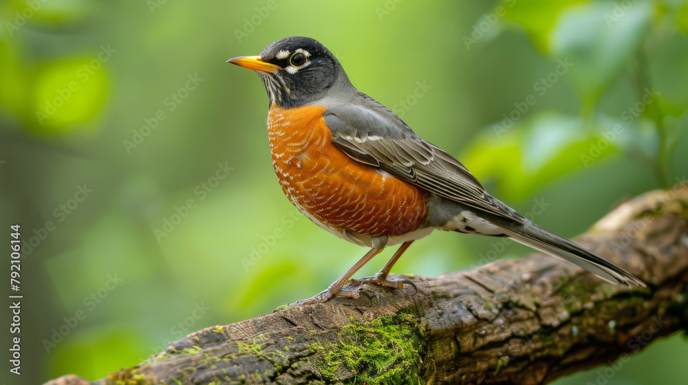 A close-up photo of an American Robin standing on a mossy branch, showcasing its distinctive orange breast and alert gaze.