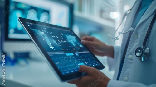 Doctor wearing white coat uses futuristic tablet computer with digital medical data and brain scan results.