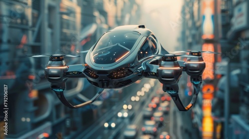 Drone taxi flies over a futuristic city