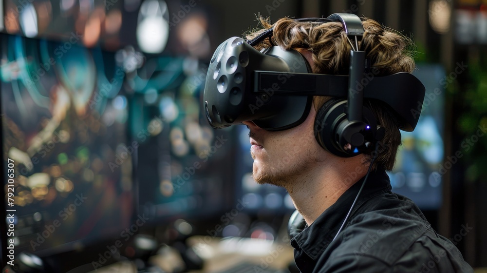 Man wearing virtual reality headset Man wearing virtual reality headset