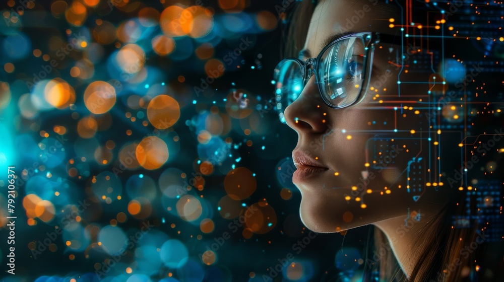 Portrait of a young woman wearing glasses with a futuristic technology background