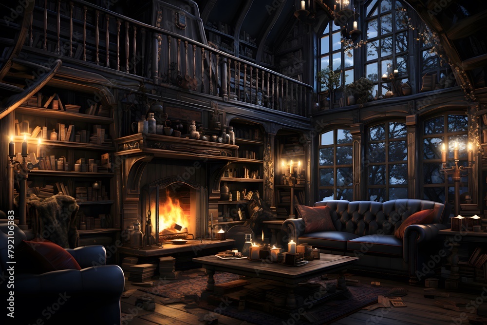 3d rendering of a cozy living room with a fireplace in the background