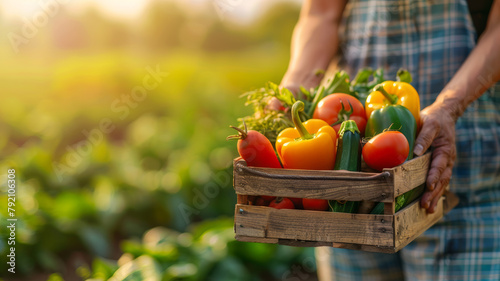 Hands holding wooden box with harvest vegetables on blurred green farm field background.