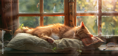 A cat relaxing on a soft pillow placed on a window sill indoors © sommersby