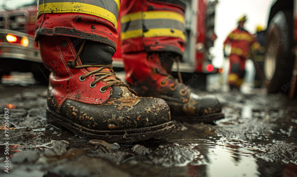 Close-up of worn and soot-covered firefighter boots amidst an active emergency response scene. Close-up of worn and soot-covered firefighter boots amidst an active emergency response scene.