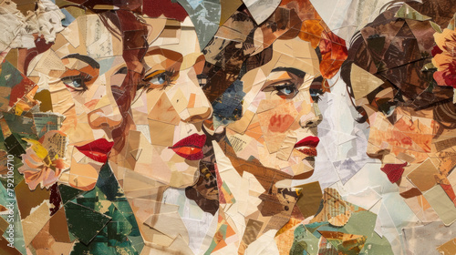 Multiple portraits of womens faces created through a collage technique using paper