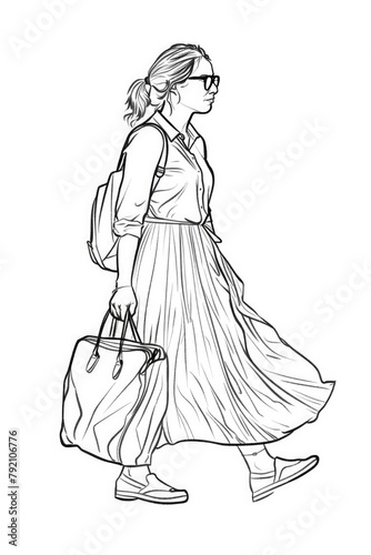 A woman in a long dress carrying a bag while walking down a street