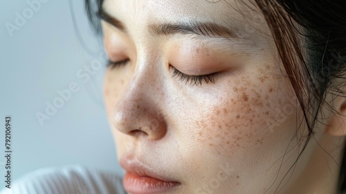 The problem of Asian woman's face, freckles, dark spots and wrinkles on the faces of middle-aged women stressed expression, close eyes frowning, dry, darkened, rough skin and facial healthy concept.

 photo
