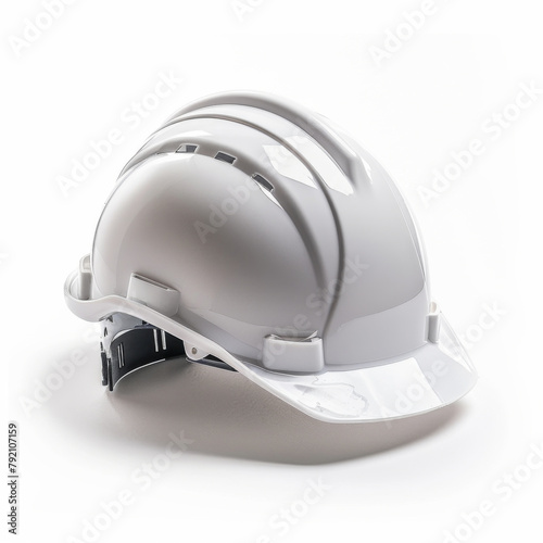 Isolated image of a white safety helmet, often used in construction and industrial work environments.