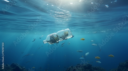 Plastic bottle floating in ocean with aquatic animal, fish. Ocean pollution, environmental conservation and ecology concept.