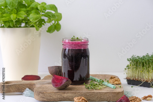 Beet smoothie. Beet smoothie with nuts and microgreens
