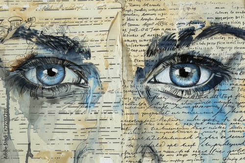 A painting of two blue eyes on a piece of paper