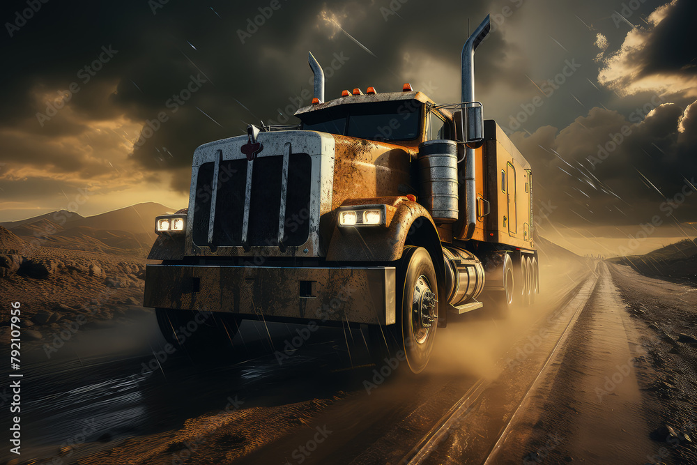 A truck is seen driving down a dirt road under a cloudy sky, showcasing the rugged terrain and overcast weather conditions A truck is seen driving down a dirt road under a cloudy sky, showcasing the rugged terrain and overcast weather conditions