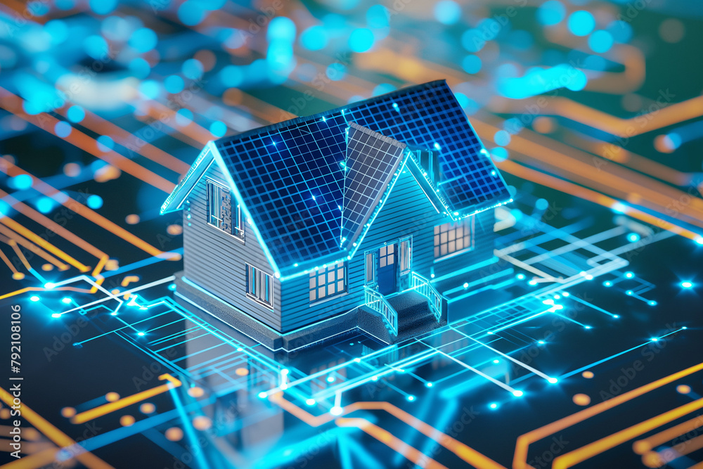 Digital representation of a smart home powered by solar energy, smart grid technology concept Digital representation of a smart home powered by solar energy, smart grid technology concept