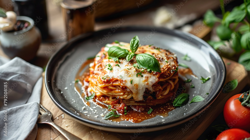 Classic Italian spaghetti with rich tomato sauce and melted parmesan cheese, garnished with fresh basil on a ceramic plate.
