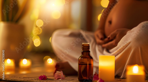 A bottle of aromatherapy essential oil with candles in a spa environment, with a pregnant woman practicing yoga in the background