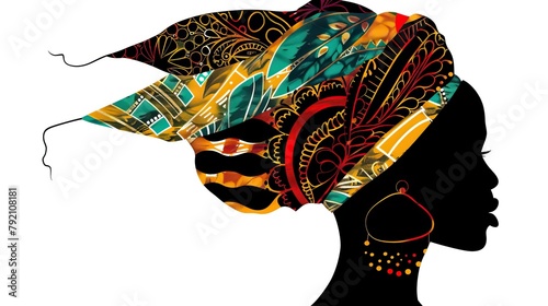 Vector Portrait beautiful African woman in traditional turban, Kente head wrap, dashiki printing, black afro women vector silhouette Africa batik, ethnic zebra decoration cloth, hairstyle concept logo