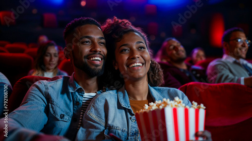 jeune couple assis dans un cinéma et en train de manger du popcorn en regardant un film photo