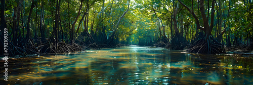 A serene and lush mangrove forest with intricate roots and vibrant green foliage, providing a habitat for diverse marine life and contributing to coastal conservation efforts.