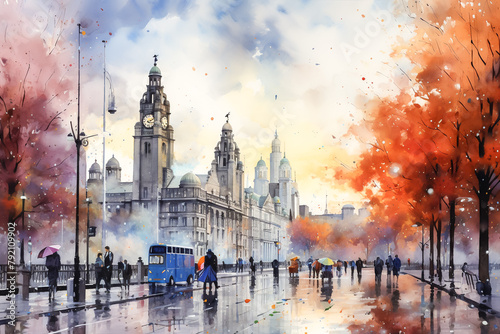 Watercolor English cityscape inspired by Liverpool, England. Old European, British medieval style houses, buildings and street. UK cityscape. Cloudy sky. photo