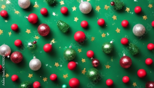 'background green lay pine balls copy confetti flat view. Christmas Top space. new year holiday decoration celebration frame tree border fir winter card compositi'