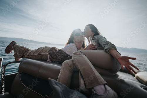 Two joyful adults share a carefree moment lounging on a boat, embodying the essence of relaxation on a holiday trip by a calm lake. photo