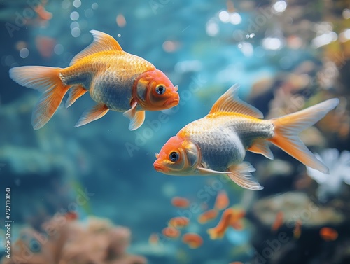 Two goldfish swimming in a tank with other fish. The tank is blue and has a coral reef background