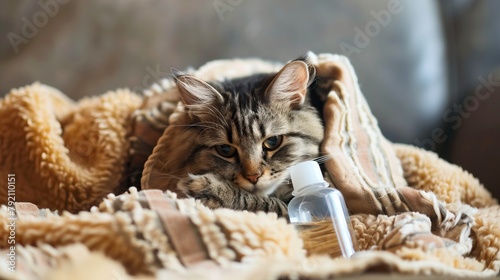 A cat is wrapped in a blanket with a hot water bottle on the side.

 photo