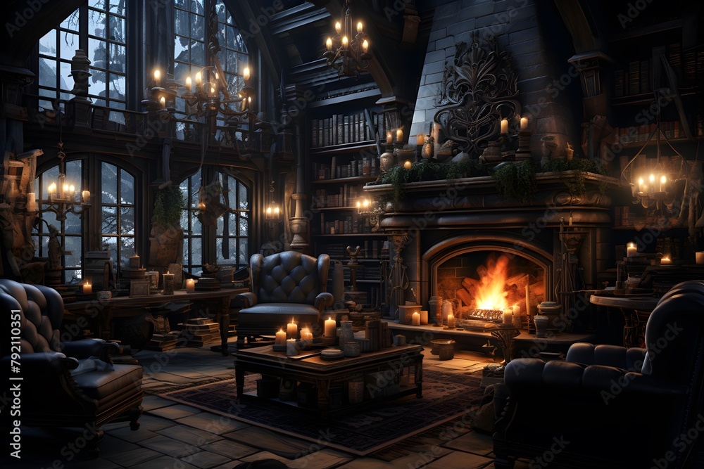 3d rendering of a fantasy house in the night with a fireplace