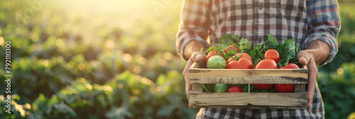 Farmer holding a wooden box full of fresh raw vegetables. Blurred green farm field background, with copy space.