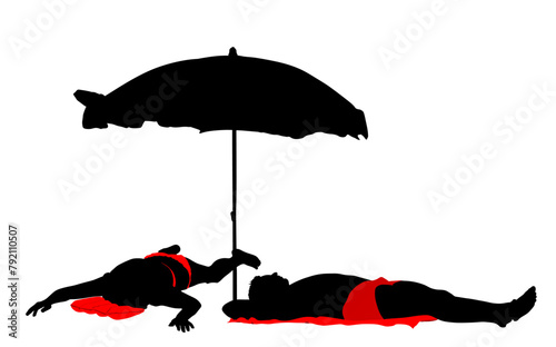Handsome couple in love sunbathing on beach under parasol laying down vector silhouette illustration isolated. Sexy suntan bikini woman,man in swimwear. Summer time relaxing. Skin care sun protection.
