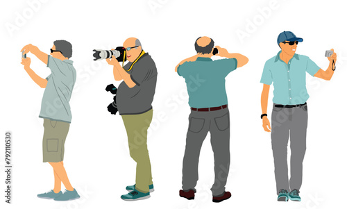 Senior tourist photographer with camera vector illustration. Journalist mature man traveler capture interesting view. Secret agent duty. Passenger on vocation take photos. Veteran crew safari friends.