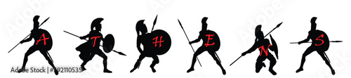 Greek hero ancient Athens soldier with spear, helmet and shield in battle vector silhouette illustration isolated on background. Brave warrior in combat against Persians empire symbol shape.