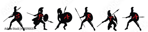 Greek hero ancient Sparta soldier Achilles with spear and shield in battle vector silhouette illustration isolated on background. Brave warrior Leonidas in combat against Persians empire symbol shape.