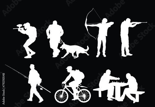 Man outdoor hobby activity set vector silhouette isolated. Archer boy and hunter man with rifle. Fisherman. Friends play chess game in park. Paintball  action. Male riding bicycle. Urban dog running